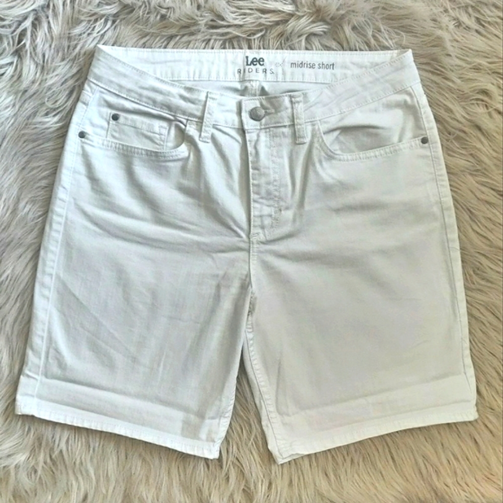 Lee Midrise Riders Shorts Long Length White Denim Bermuda Stretch 8 Inseam